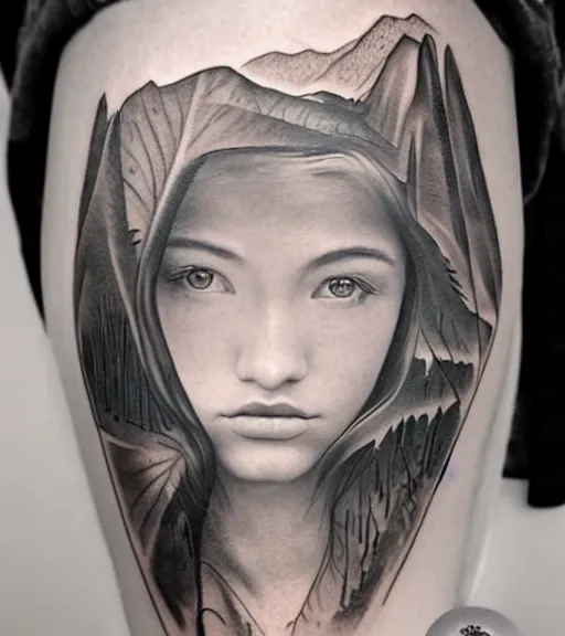 Image similar to a beautiful girl portrait in amazing nature and mountains, realism tattoo, in the style of den yakovlev, black and white, faded drawing, hyper realistic, highly detailed