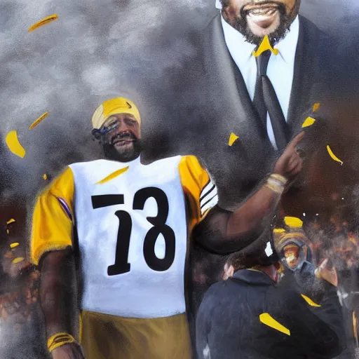 Prompt: Airbrush painting of coach Tomlin at a parade celebrating the Steelers winning the SuperBowl