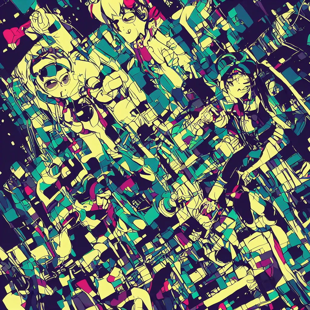 Image similar to nekojiru, ryuta ueda artwork, jet set radio artwork, stripes, gloom, space, cel - shaded art style, broken rainbow, data, minimal, hashiguchi chiyomi artwork, code, cybernetic, dark, eerie, cyber