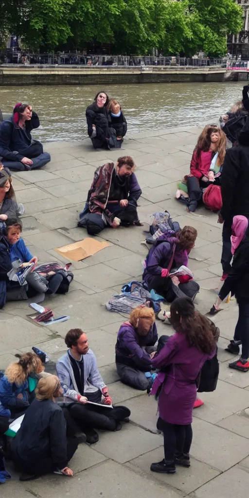 Prompt: Street poets in London by the river Thames