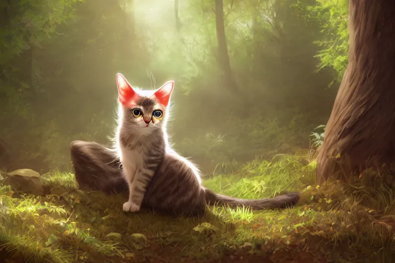 Prompt: a cat in a forest, highly detailed, digital art, trending on artstation, backlighting, by kawacy