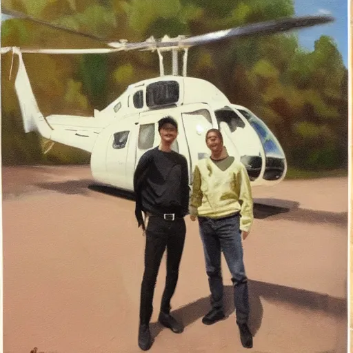 Image similar to painting of blonde swedish guy and tall korean guy in front or robinson helicopter