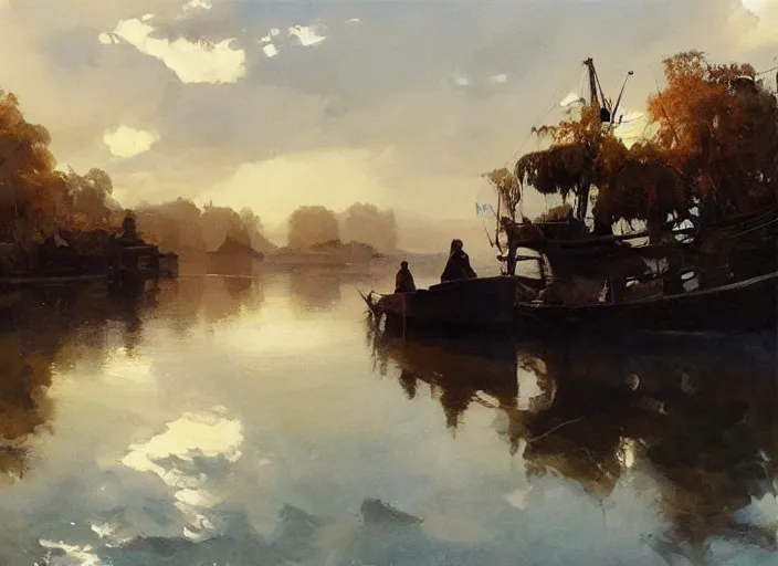 Image similar to oil painting of calm river with wooden boat, stone bridge, art by anders zorn, wonderful masterpiece by greg rutkowski, beautiful cinematic light, american romanticism by greg manchess, creation by tyler edlin