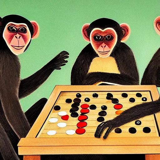 Prompt: A beautiful performance art of a group of monkeys playing backgammon. The monkeys are seated around a table, with some of them appearing to be deep in concentration while others appear to be playing more casually. by Gwenda Morgan robust