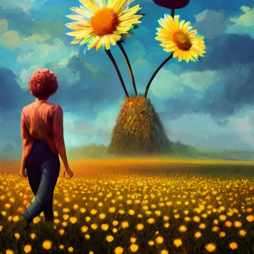 Image similar to giant daisy flower as head, full body, girl walking in a flower field, surreal photography, sunrise dramatic light, impressionist painting, colorful clouds, digital painting, artstation, simon stalenhag, flower face