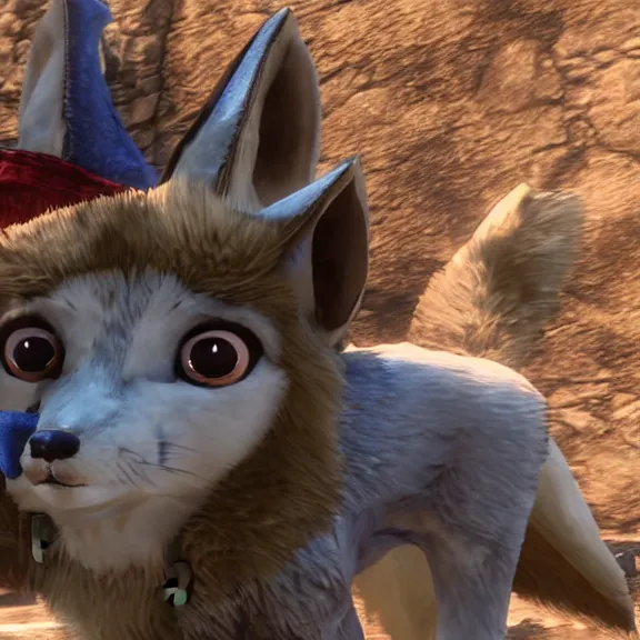 Image similar to a blue fennec fox furry in a fursuit in red dead redemption 1 shooting himself