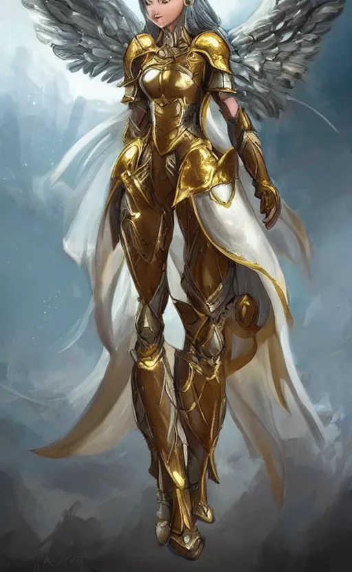 Prompt: Concept art, angel knight girl in golden and cooper armor, artstation trending, highly detailded