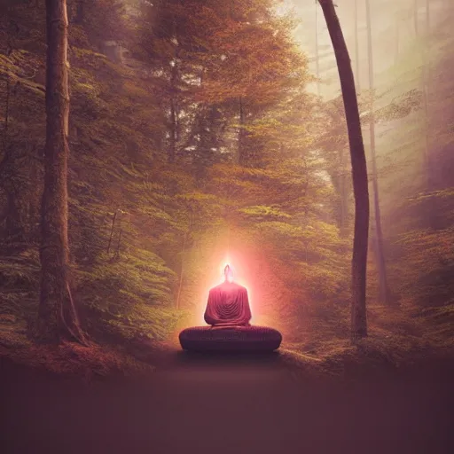 Prompt: a buddha statue sitting in the middle of a forest, cyberpunk art by Mike Winkelmann, trending on cgsociety, metaphysical painting, tesseract, mystical ::