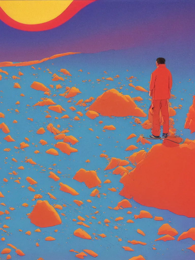 Prompt: a vibrant ultraclear closeup portrait of a man tasting neon fireworks and blotter papers of lsd acid, dreaming psychedelic hallucinations in the vast icy landscape of antarctica, by kawase hasui, moebius and edward hopper, colorful flat surreal design, hd, 3 2 k