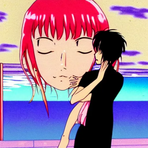 Image similar to woman saying goodbye to her lover at the airport, sprite, vaporwave nostalgia, directed by beat takeshi, visual novel cg, 8 0 s anime vibe, kimagure orange road, maison ikkoku, sketch by osamu tezuka, directed by makoto shinkai and beat takeshi