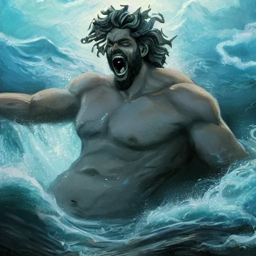 Image similar to portrait of proud and screaming Poseidon rising from the ocean, ready to fight, fantasy painting, artstation