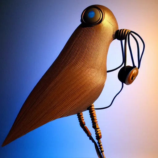 Image similar to beautiful artistic - wave highly detailed robotic bird, with head phones, by ben templesmith, dynamic lighting, gradient light blue, brown, blonde cream and white color scheme, grunge aesthetic