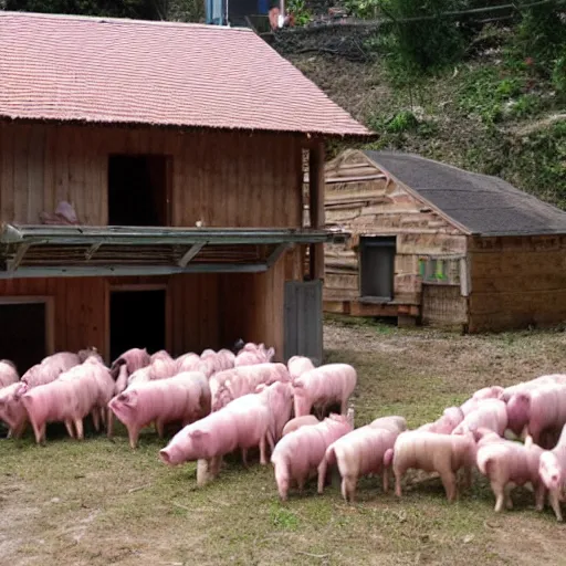 Prompt: a house constructed out of pigs