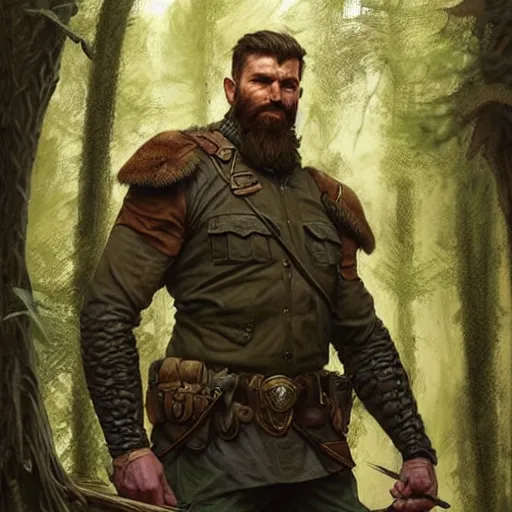 Prompt: portrait of rugged male ranger in the forest, masculine, D&D, muscular, fantasy, intricate, elegant, highly detailed, digital painting, artstation, concept art, smooth, sharp focus, illustration, art by artgerm and greg rutkowski and alphonse mucha