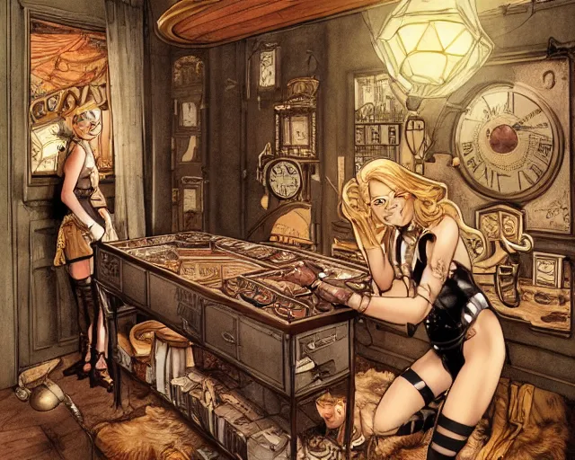 Prompt: women in the interior of a steampunk apartment, Milo Manara, night time, Margot Robbie, Scarlett Johanson, zoey Deschannel, smoking cigarettes, playing board games, highly detailed, Tarantino movie posters, melancholy, level design, concept art, artstation, cgsociety, zenith view H- 350