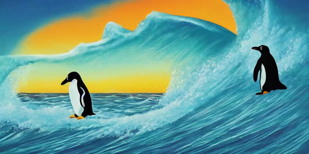 Prompt: penguin surfing a wave at the sunrise, art station, art deco