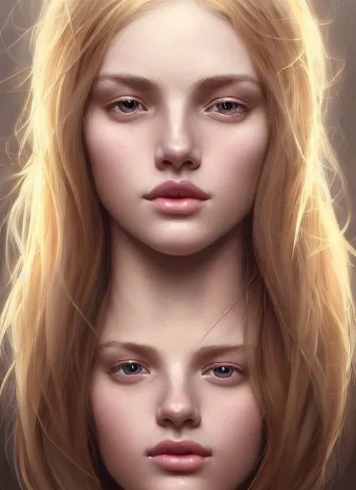 Image similar to beautiful symmetrical face, portrait of young woman blessed with ever - increasing physical and mental perfection, realism, blonde hair, perfect face!! intricate, elegant, highly detailed, vision of holy perfection!! digital painting, artstation, concept art, smooth, sharp focus, illustration, humanity, art by artgerm and greg rutkowski and alphonse mucha