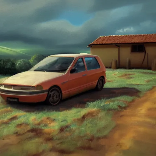 Prompt: weponized family car in toscany plains, artstation, fine art, oil painting, very detailed, very realistic