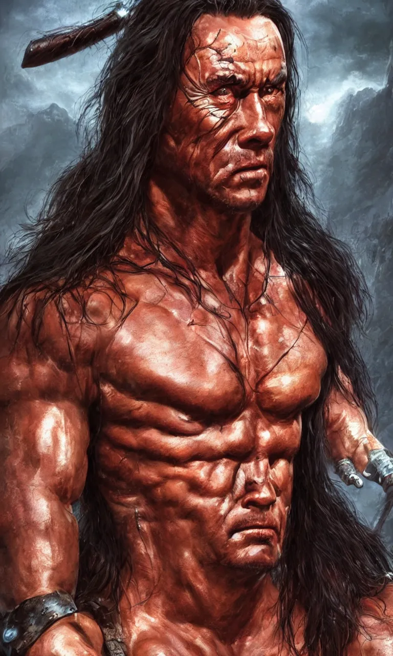Image similar to hyper realistic digital painting of arnold swartzeneger as conan the barbarian by simon bisley and greg rutkowski, vivid color scheme, unreal engine 5
