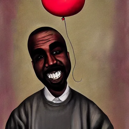 Image similar to grunge painting of kanye with a wide smile and a red balloon by chris leib, loony toons style, pennywise style, corpse bride style, horror theme, detailed, elegant, intricate