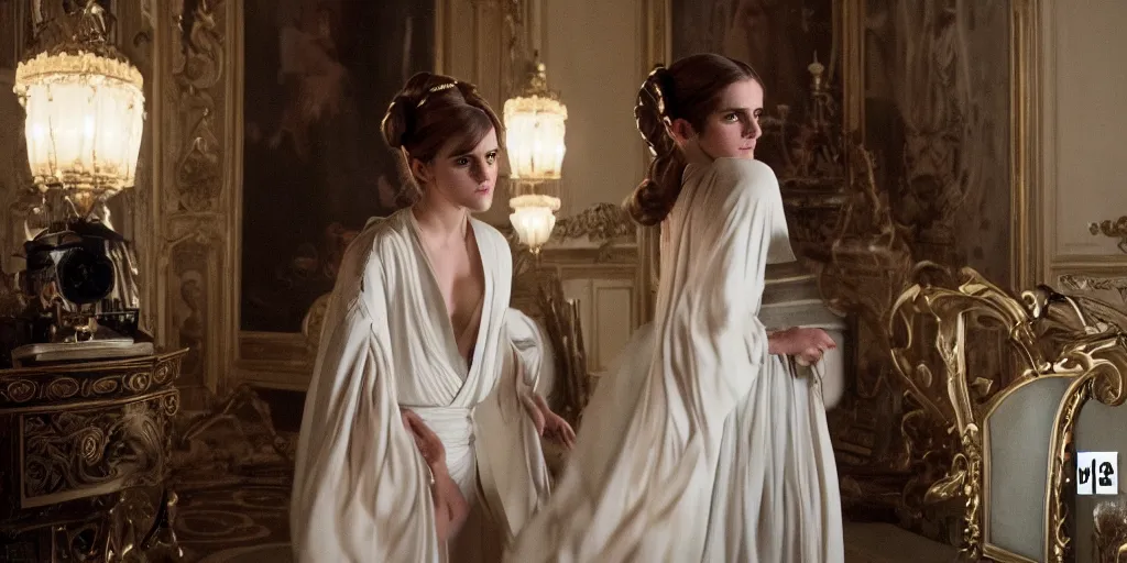 Prompt: Emma Watson as Princess Leia long hair flowing robes baroque room cinematic lighting stanley kubrick barry lyndon Canon eos M50 200mm