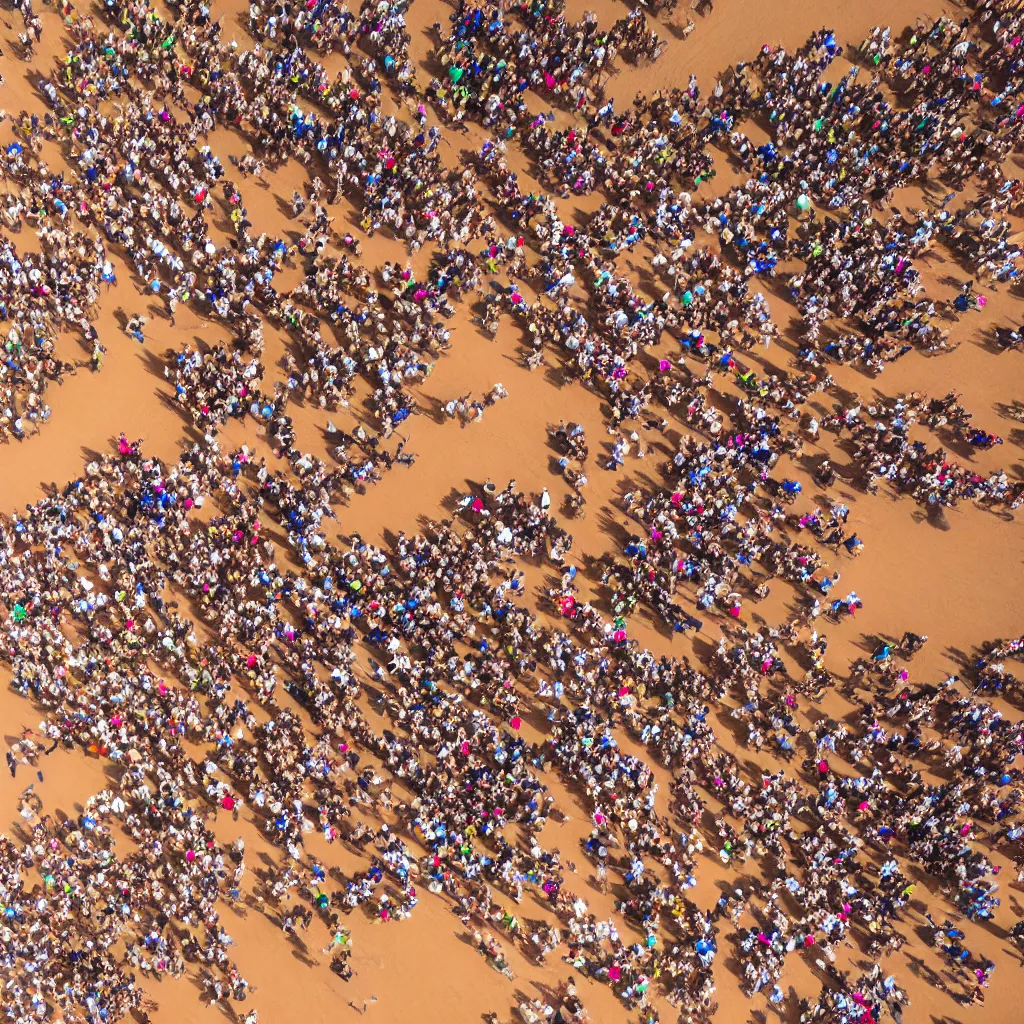 Prompt: stunning aerial drone photograph of festival dancers on the edge of the red australian desert at night, bonfire, accurate bodies, campsites, diverse costumes, 8 k, ultra clear detailed