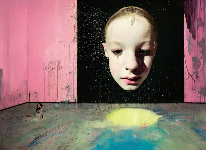 Image similar to portrait of nervous young girl ballerina sitting on the floor focusing in a dance hall by beeple and hernan bas and francis bacon and pat steir and hilma af klint, psychological, photorealistic, symmetrical face, dripping paint, washy brush, matte painting, rendered in octane, altermodern, masterpiece