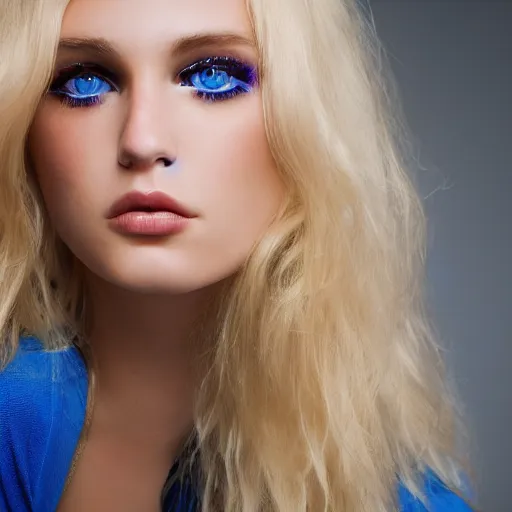 Image similar to Close up 35mm nikon photo of the left side of the head of a dressed young blond model with gorgeous blue irises and wavy long blond hair, who looks directly at the camera. ,.