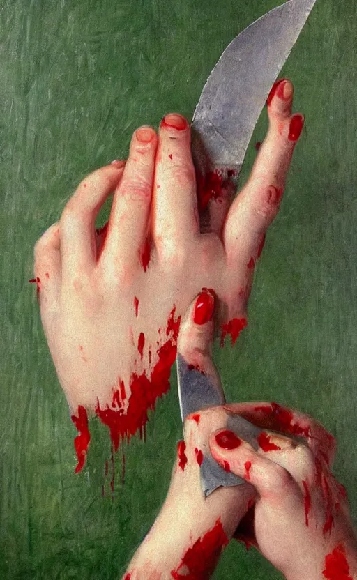 Image similar to by 1 9 th century famous painter, hands, nail polish, blood smear, blood dripping, knife, realism, realistic, oil painting, green wallpaper background