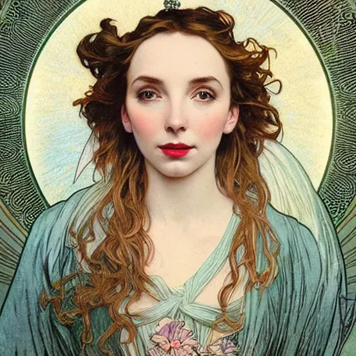 Image similar to jodie comer portrait by louis - theophile hingre and alphonse mucha, realistic, sharp focus, zodiac signs, tarot cards, planets, ethereal, art nouveau, magic, moon, sun, crown, dreamy, royal, jewellery