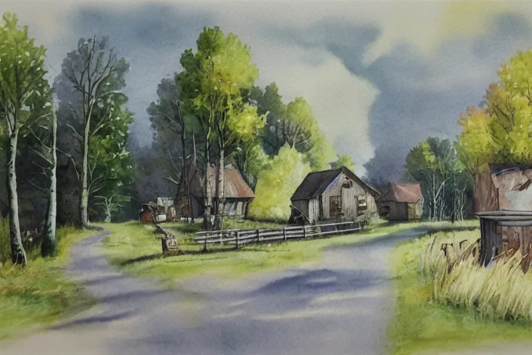 Image similar to country road store goose watercolor pen trending on artstation