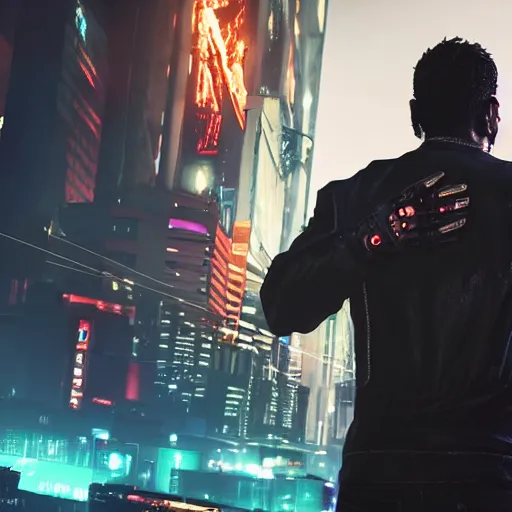 Prompt: man from behind with black colored flames coming out of hands flying away in a cyberpunk city, very detailed, realistic, symmetrical face, art by GTA 5,