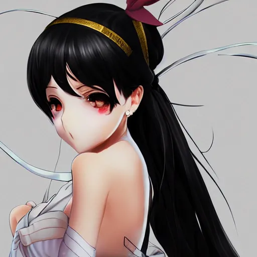 Image similar to luxury advertisement, astonishing portrait of a very beautiful anime high-school girl with black hair ponytail, white ribbon, full perfect face, realistic, highly detailed background, artstation, 120 degree view, drawn by Sasoura, Satchely and Akihiko Yoshida, no distortion