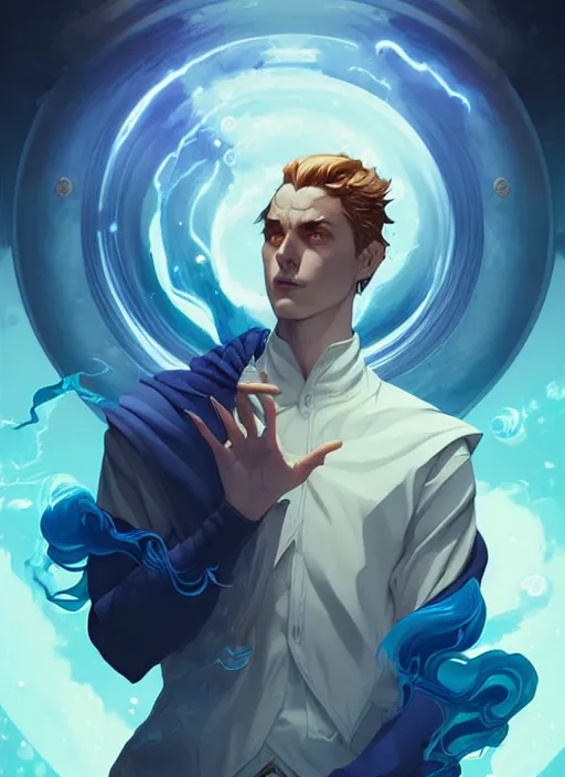 Prompt: style artgerm, joshua middleton, illustration, richard d anderson as dnd male alchemist, blue hair, swirling water cosmos, fantasy, dnd, cinematic lighting, collectible card art