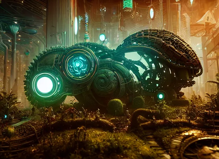 Image similar to giant intricate mechanical snail with cybernetic enhancements and visible gears and fiber optics, on the background of a weird magical mechanical forest. Very detailed 8k. Fantasy cyberpunk horror. Sharp. Cinematic post-processing. Unreal engine. Nanite. Ray tracing. Parallax. Tessellation
