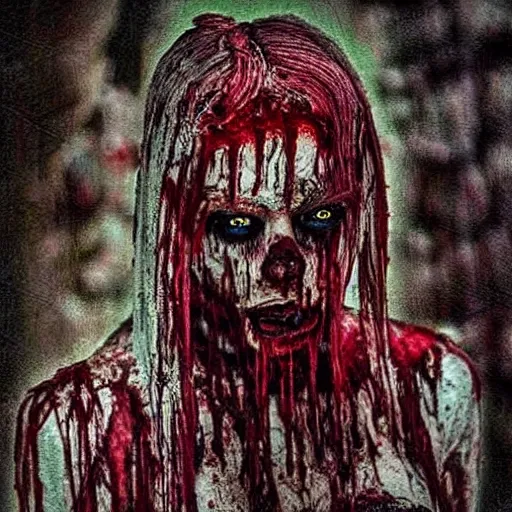 Image similar to horror art, deep bleeding decaying colors!, real life models!