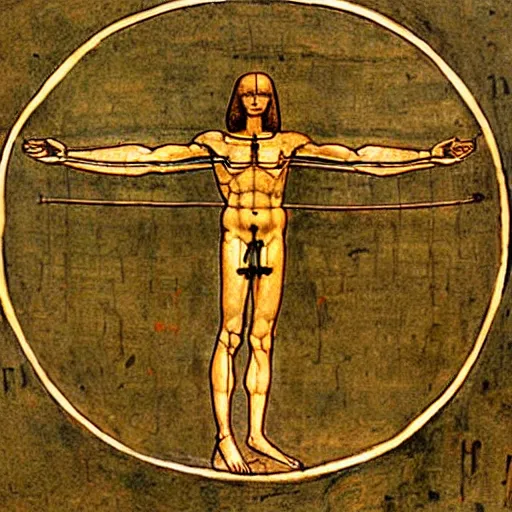 Prompt: Vitruvian Man Drawing by Leonardo da Vinci as hieroglyph in egypt