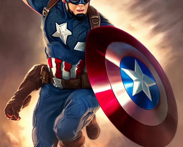 Image similar to photography of captain america action shot directed by steven spielberg, deep focus, d & d, fantasy, intricate, elegant, highly detailed, digital painting, artstation, concept art, matte, sharp focus, illustration, hearthstone, art by artgerm and greg rutkowski and alphonse mucha
