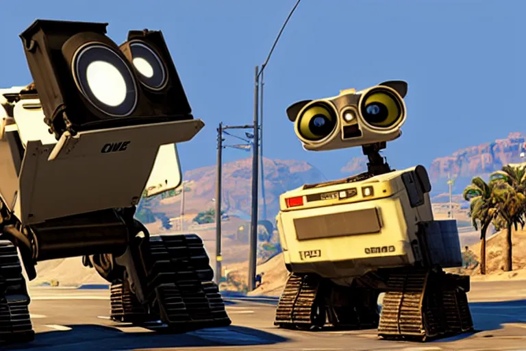 Image similar to wall - e in grand theft auto 5, heavy detailed, ultra high definition quality, gta 5 game engine graphics