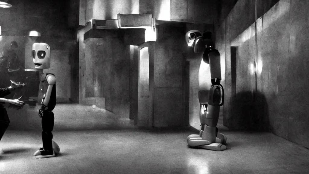 Prompt: movie scene of a man and a robot having a moment of jealousy, movie still, cinematic composition, cinematic light, by david lynch and gaspar noe