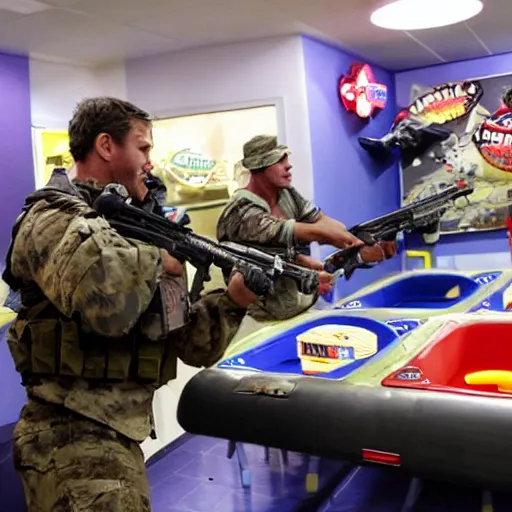 Image similar to Seal Team raiding a Chuck-E Cheese, realistic