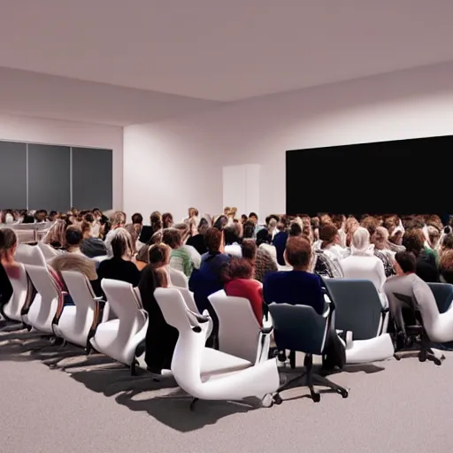Prompt: about conference sound room full of people contemplating a beautiful sound system. hyperrealism