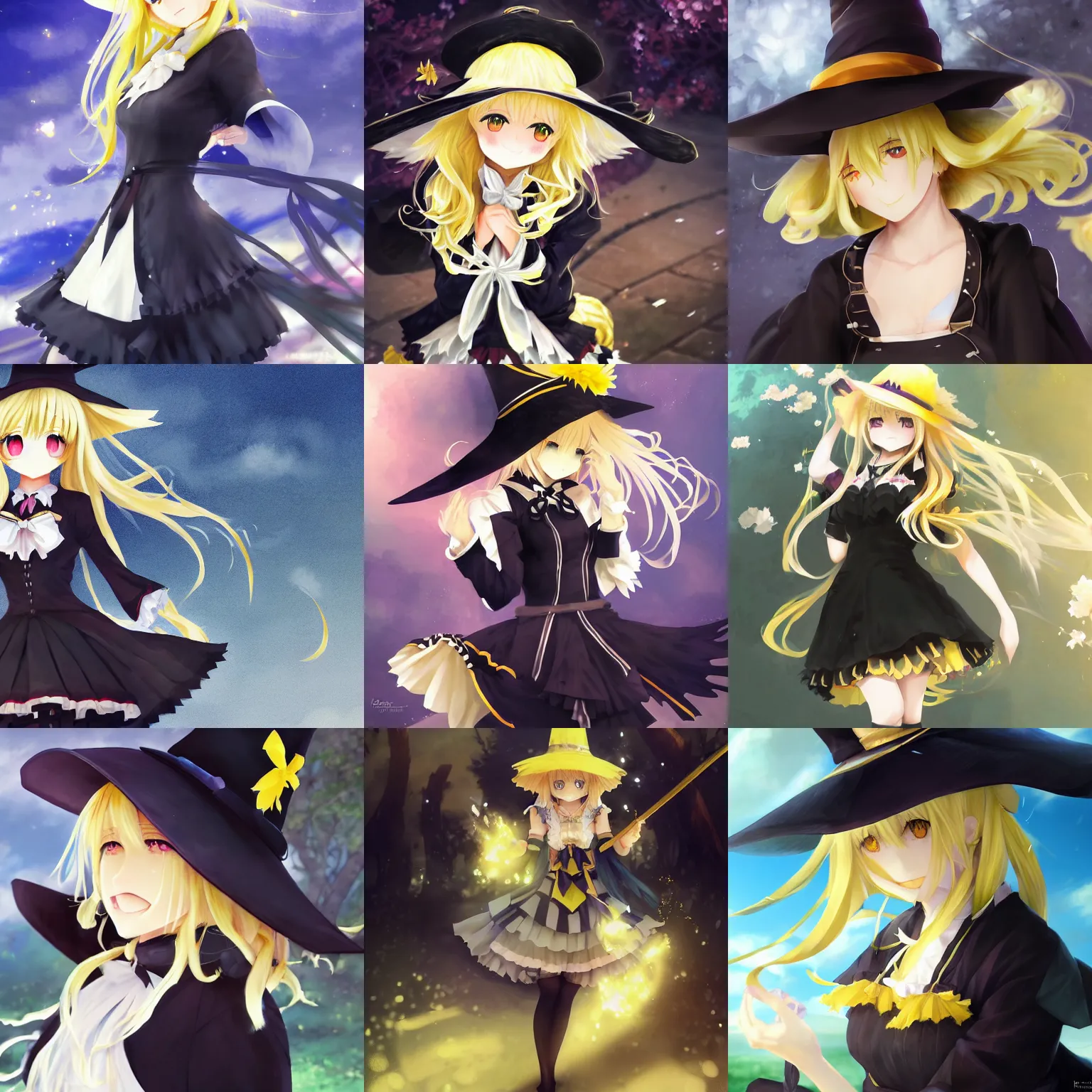 Prompt: pixiv artwork portrait of marisa kirisame from touhou project, marisa kirisame touhou artwork by greg rutkowski key art kyoto animation 4 k 8 k ultrahd trending award winning black hat broom blonde hair finely detailed yellow eyes maid dress cute witch