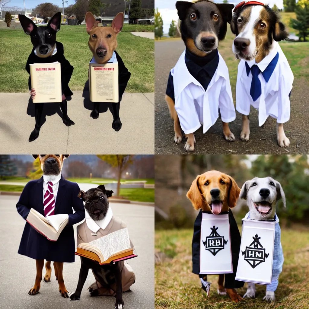 Prompt: two dogs dressed like mormon missionaries, holding the book of mormon