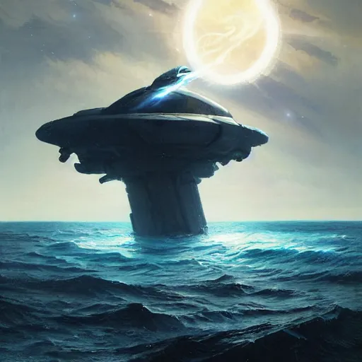 Prompt: An alien spaceship releasing a beam of light into the ocean, by greg rutkowski