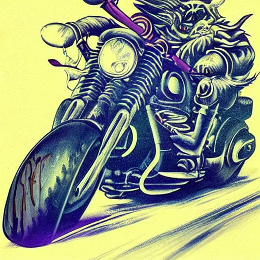 Image similar to stylized psychedelic airbrush art of an orc on a motorcycle