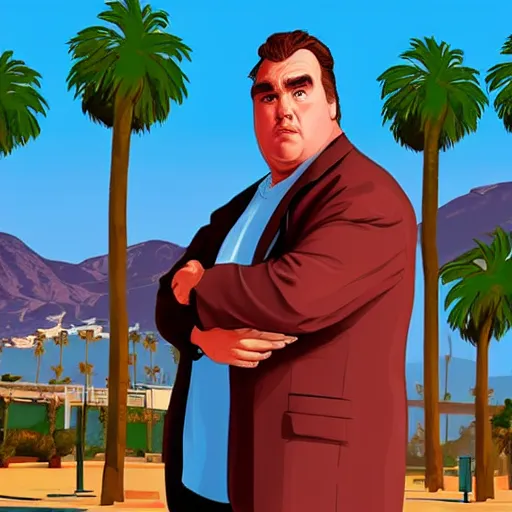 Image similar to John Candy in GTA V. Los Santos in the background, palm trees. In the art style of Stephen Bliss