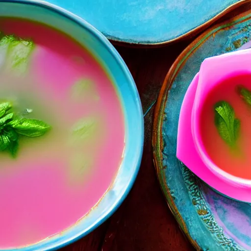 Prompt: photo of a cyan and pink soup