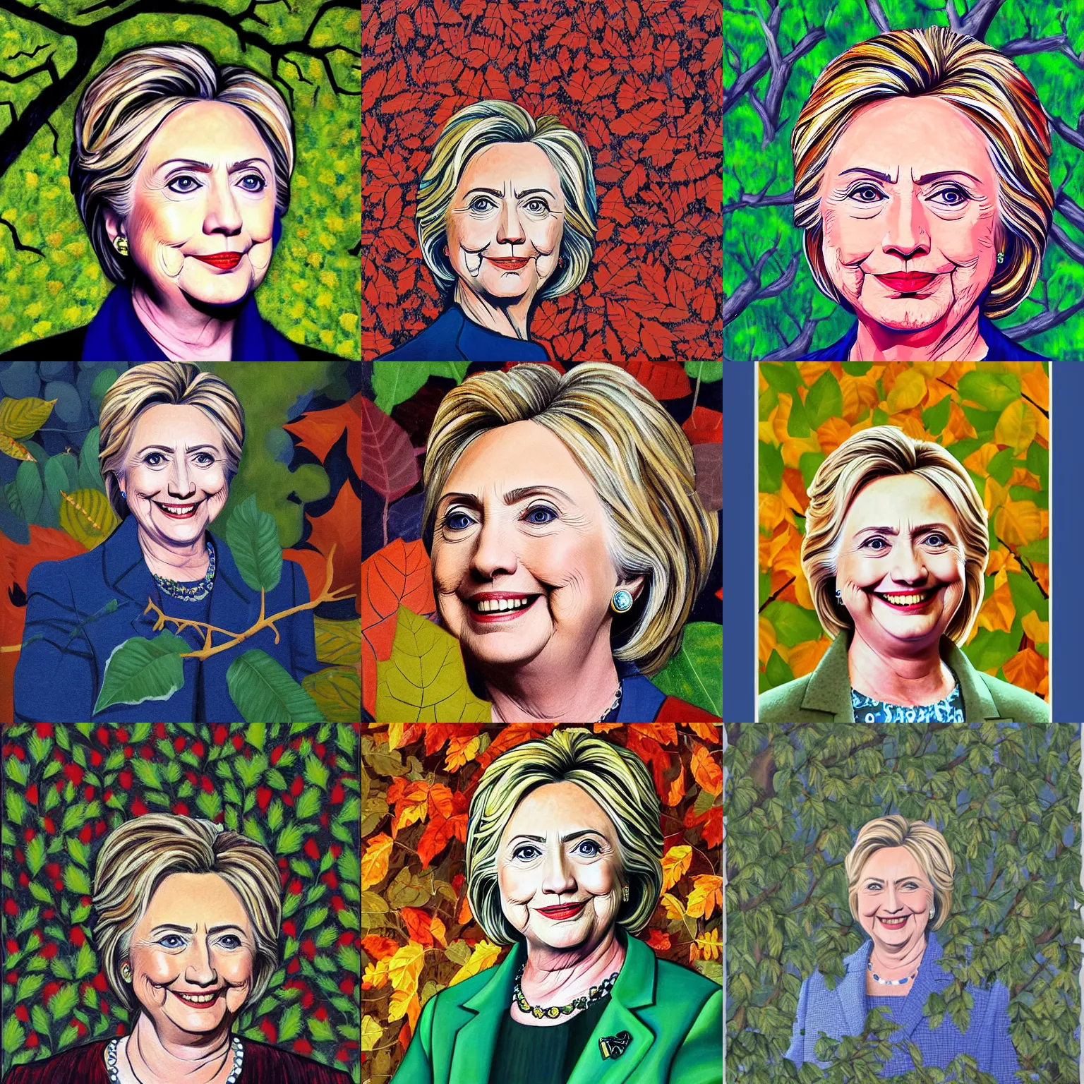 Prompt: portrait of hillary clinton among the leaves and trees, painted by william girometti