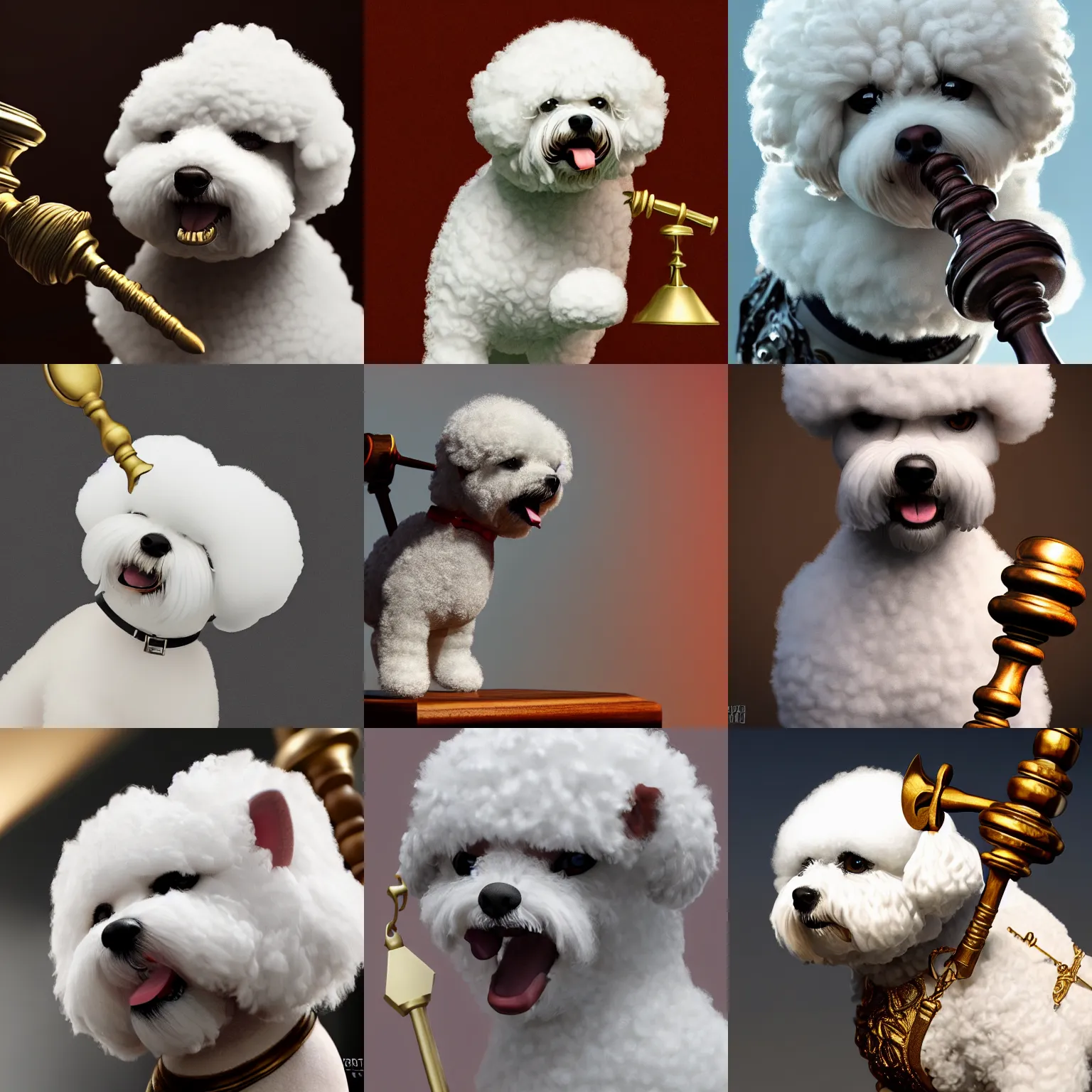 Prompt: a closeup photorealistic illustration of a bichon frise justice pounding a gavel. this 4 k hd image is trending on artstation, featured on behance, well - rendered, extra crisp, features intricate detail and the style of unreal engine.